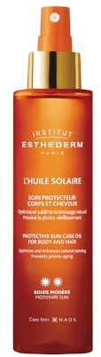 Institut Esthederm - Huile Solaire - Soin Protecteur Corps et Cheveux - Active et Stimule le Bronzage Naturel - Sans Silicone, Sans Alcool - Soleil Modéré - Spray Rond 150ml