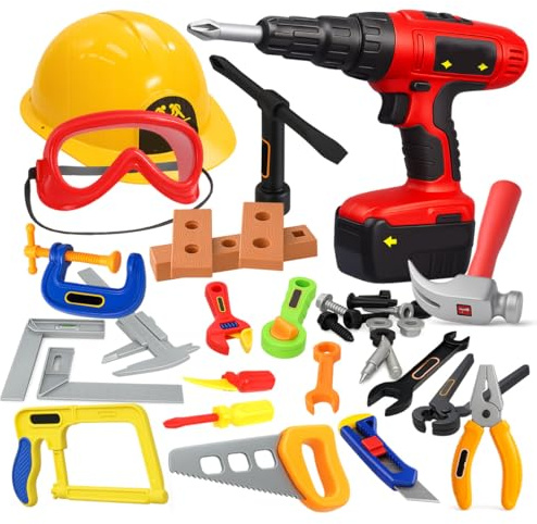 Kingsport 37PCS Kids Tool Set with Hard Hats and Electric Drill, Construction Pretend Play Builder Kit, DIY Tool Bench Accessories, Safety Goggles & Role Play Equipment for Boys & Girls Ages 3+ Years