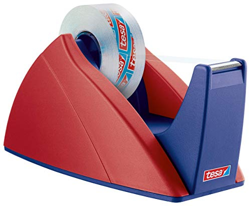 tesa Easy Cut Tischabroller - Nachfüllbarer, standfester Klebeband-Spender für Klebebandrollen bis 33 m x 19 mm - Rot/Blau