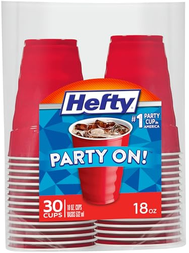 Hefty Party On Disposable Plastic Party Cups, 30 Count, 18 Oz Red Cups for Parties, Tailgates, Birthdays, Holidays, and More, Contoured Shape for Easy Gripping, Strong and Durable