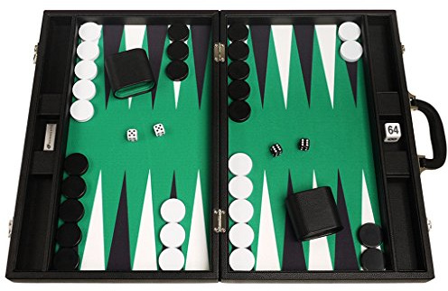 19-inch Premium Backgammon Set - Large Size - Black Board, Green Playing Surface, Black and White Points