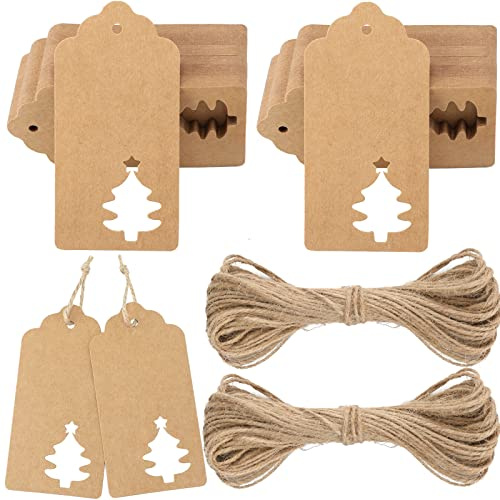 G2PLUS Étiquettes de cadeau de Noël en craft, lot de 100, papier kraft à suspendre, avec 30 m, idéal pour décorer un sapin de Noël, fait à la main marron