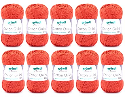 Gründl Wolle Cotton Quick uni - dünne Wolle zum Häkeln - Strickgarn - Häkelgarn - Glänzend und hautfreundlich - 100 % Baumwolle - 10 Knäuel 50 g / 125 m - Nadelstärke 3- 4 - Orange