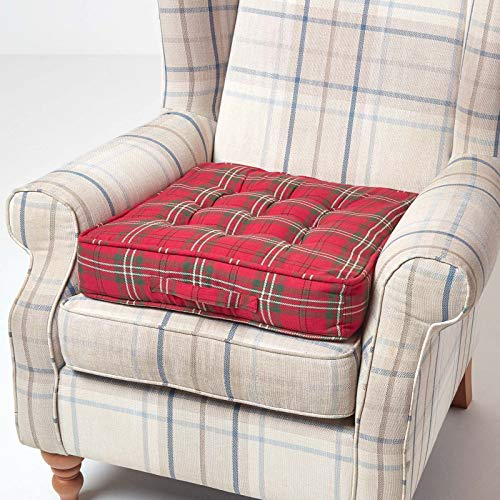 HOMESCAPES Red and Green Tartan Armchair Booster Cushion Large Firm 50 cm Square Seat Pad with Supportive 10 cm Thick Lift Soft Cotton Cushion For The Elderly, Post-Operative and Pregnancy