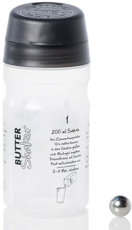 BUTTER MACHEN im patentierten Butter-Shaker. 200 ml Sahne ergeben 75g Butter + 125 ml Buttermilch. Extrem viele Gourmetsorten möglich. Von süß bis würzig. 325ml-Modell in SCHWARZ