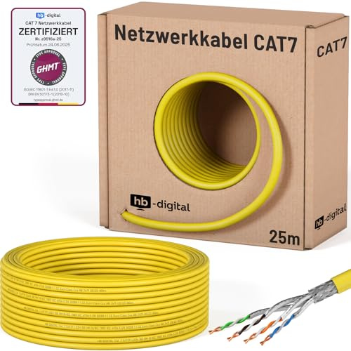HB-Digital 25m Cavo di rete LAN CAT 7, cavo di posa, Ethernet, cavo di installazione, 10 Gbit/s, AWG23, S/FTP - Certificato GHMT - Rame puro, LSZH, BauPVO, classe Cca, cavo dati Simplex - Giallo