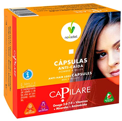 Novadiet - CAPILARE Cápsulas con Zinc, Selenio, Riboflavina, Biotina, Ayuda a la Caída del Cabello y Uñas, Mantiene la hidratación de Piel y Cabello - 60 Cápsulas