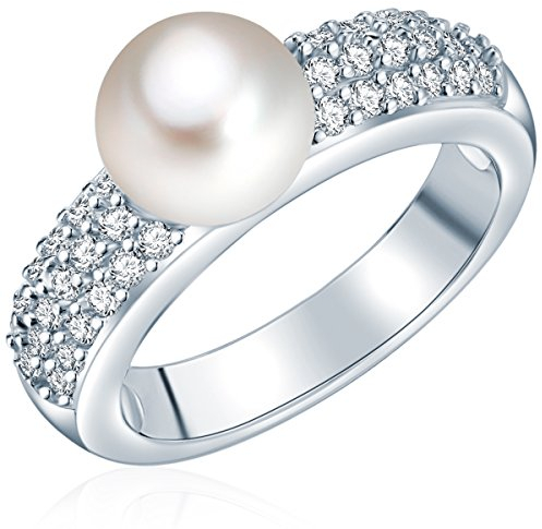 Valero Pearls Damen-Ring Hochwertige Süßwasser-Zuchtperlen 8-9 mm Button weiß 925 Sterling Silber Zirkonia - Perlenring Silberring mit echter Perle
