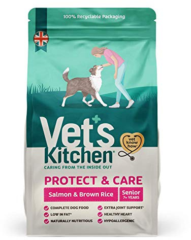 Vet's Kitchen Protect & Care Complete Dry Senior Dog Food, Salmon & Brown Rice - Hypoallegenic with Added Health Benefits for Senior Dogs (7.5kg)