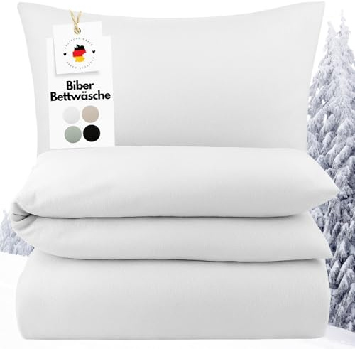Carpe Sonno Biber Bettwäsche 155x220cm Weiß [Made in Germany] - 100% Baumwolle - Set 2 teilig Kissen und Decke | Flanell Bettwäsche 155x220 Winter | Biber Bettbezug | Winterbettwäsche kuschelig