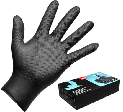 APP Quartz Q-GRIP Guanti Monouso in Nitrile Neri 8 mil Ultra Spessi, 50 Pezzi | Texture Diamante Antiscivolo, Senza Polvere, Polsino Arrotolato, Alta Protezione Chimica e Meccanica | Taglia XL