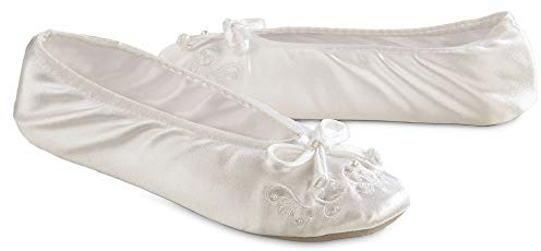 isotoner Women's Soft Satin Ballerina Slippers with Embroidered Pearl Ballet Flat, White, 6/7 UK