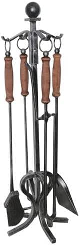 Lienbacher Serviteur de cheminée en fer forgé avec poignées en bois Noir laqué Hauteur 80 cm