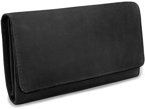 URBAN FOREST, Cntmp, Leder, Damen Geldbörse, Damen Portemonnaie, Damen Börse, Brieftasche lang, Überschlagsbörse, Querformat, Echt Leder, Natur-Leder, 20x10x3cm (BxHxT), Farbe:Schwarz