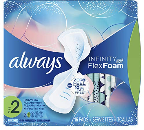 Always Infinity Size 2 Feminine Pads with Wings, Super Absorbency, Unscented, 16 Count (Packaging May Vary) (Packaging May Vary)