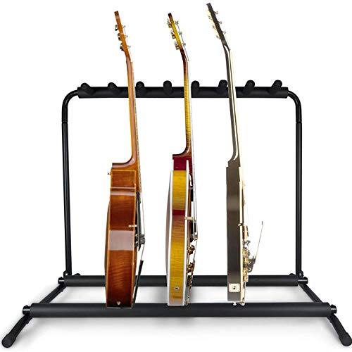 Pyle Gitarrenständer- Guitar Stand, 7-Space Faltbarer Gitarrenständer Mehrfach, Bass ständer, für Akustikgitarre, E- Gitarre & Gitarrentasche, Tragbarer Gitarrenstaender mit Schaumstoffpolsterung