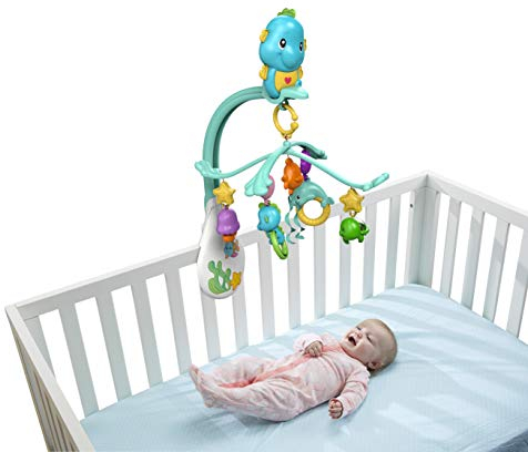 Fisher-Price Hippocampe 3-en-1 Mobile Musical pour Lit Bébé avec 4 hochets Animaux Marins Amovibles, musiques et Sons, dès la Naissance, DFP12, Multicolore