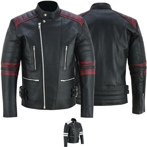 German Wear Leder Motorradjacke Oldschool Retro, Schwarz/Rot, 60
