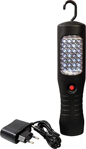 as - Schwabe Akku LED Handlampe mit Ladegerät, 2,5 W, 52Lm, Arbeitsleuchte, Multifunktionsleuchte mit 28 superhellen LEDs, Mobile LED Leuchte mit 360° drehbarem Haken, IP20, Schwarz, 42412