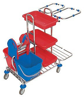 Carros de limpieza Splast con bandeja compartimentos, escurridor fregona, cubos y 2 x 70 L bolsa marco
