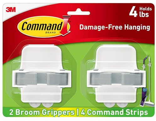 Command Broom Grippers, 2 Hangers and 4 Strips, Damage-Free Mop and Broom Holder Wall Mount, Household Cleaning Tool Organizer for Kitchen, Laundry Room, Closet, Holds up to 4 lb