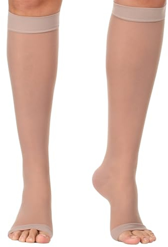 Made in USA - Sheer Compression Socks for Women 20-30mmHg with Open Toe - Toeless Graduated Support Knee High Stockings for Flight, Travel, Sports, Airplane, Nurses - Beige, X-Large - A215