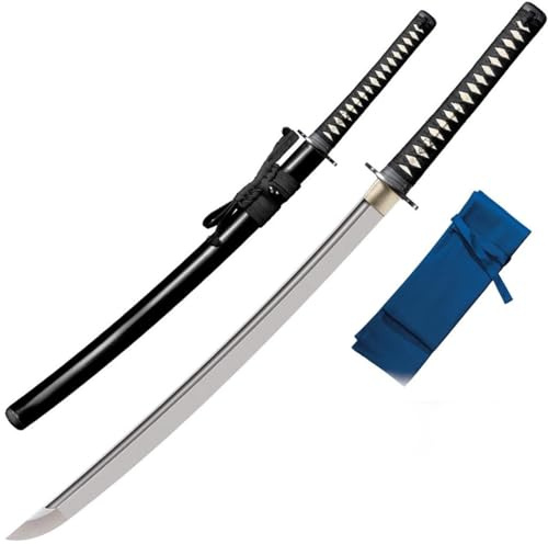 Cold Steel Warrior Series Katana Samurai Sword with Ray Skin Handle, Black Lacquered Wood Scabbard, Black Braid Cord and Brass Menuki, Chisa Katana