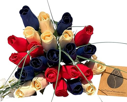 The Original Wooden Rose Patriotic Holiday Flowers RED, White, and Blue Fourth of July Memorial Day Presidents Day (2 Dozen)