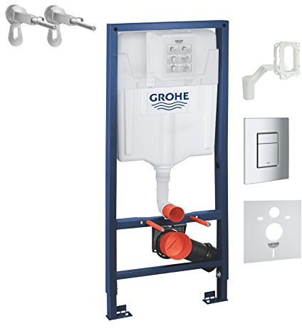 GROHE 38827000 Rapid Sl 4-in-1 Set for Wall-Hung Toilet, 1.13 m (Wall Brackets, Skate Cosmopolitan Chrome Flush Plate, Fresh and Noise Control)