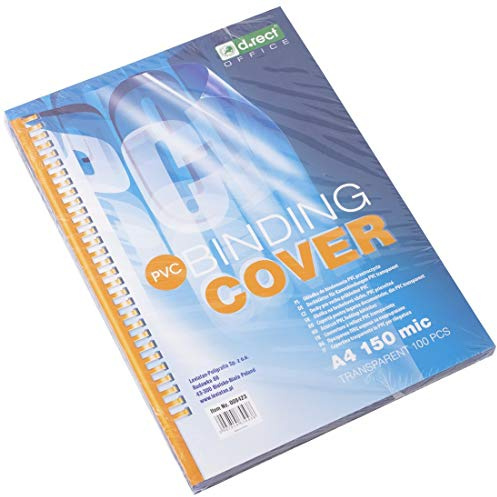 D.RECT Lot de 100 couvertures en PVC - Format A4-150 microns - Transparentes - Couverture pour reliures en plastique et métal - Face avant pour documents reliés