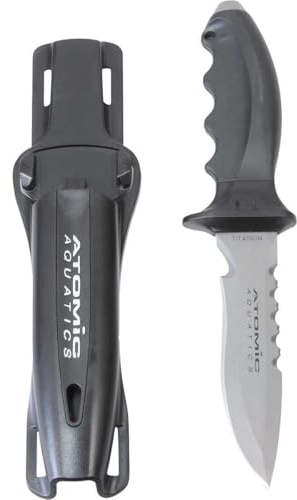 Atomic Aquatics Ti6 Titanium Durable Corrosion-Resistant Dive Knife with Lockable Sheath and Quick-Adjust Straps for Scuba Diving, Snorkeling - Pointed Tip,Black