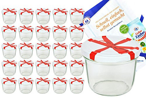 Set di 25 barattoli in vetro da 230 ml To 82, con coperchio bianco e decorazione a forma di fiocco e ricettario Diamant Gelierzauber (lingua italiana non garantita) - Barattoli da marmellata, vasi per conserve, barattoli per conserve