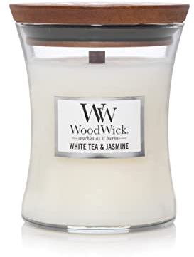 WoodWick White Tea & Jasmine Gifts for Women and Men, 9.7 oz Medium Hourglass Candle with Crackling Wick