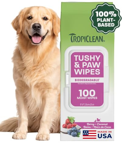 TropiClean Dog Wipes for Cleaning Paws & Tushy, Berry & Coconut Scent,100ct