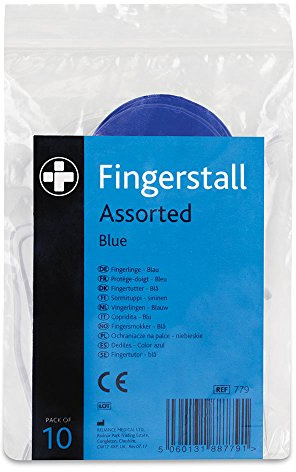 Reliance Medical Finger Stall Bandage - Keeps Dressings Clean and Dry, Ideal for Food Use, Assorted Sizes, Blue Pack of 10