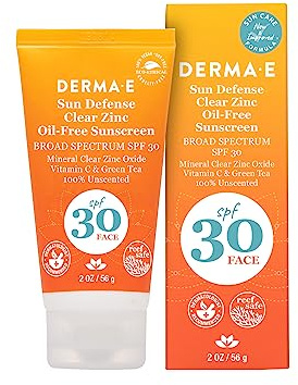 DERMA E Sun Defense Mineral Oil-Free Sunscreen SPF 30 Face – Broad Spectrum Facial Sun Cream – Hypoallergenic, Fragrance Free Clear Zinc Oxide Protection, 2 Oz