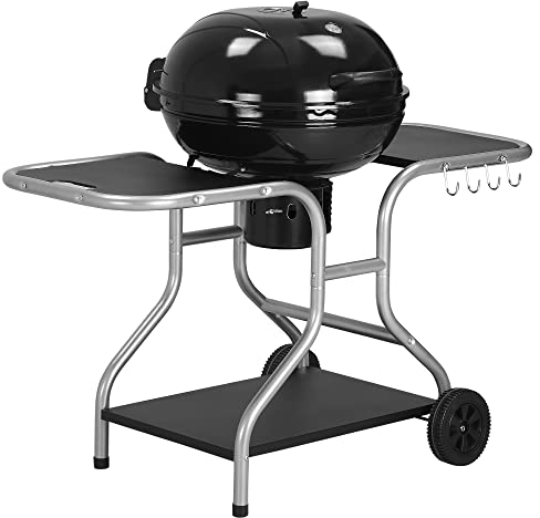 Outsunny Portable Charcoal Kettle Grill Outdoor Barbecue Trolley BBQ Heat Smoker Grilling with 2 Wheels, Storage Shelf and 4 Hooks, Free Standing, Black