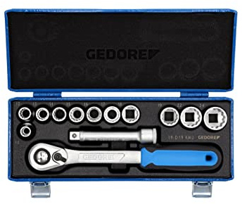 GEDORE Steckschlüsselsatz, Set 13tlg, 6-/12-kant, 1/2 Zoll, 10-24mm, Werkzeug, Knarre Umschalthebel, für KFZ, D19 KMU-20
