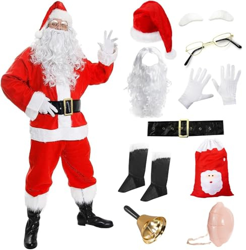 Deluxe Father Christmas Santa Costume - X-Large - Jacket, Trousers, Wig, Beard, Boot Covers, Hat, Belt, Glasses, Gloves, Eyebrows, Inflatable Belly, Sack, Bell - Adults Mens Xmas Fancy Dress Costume
