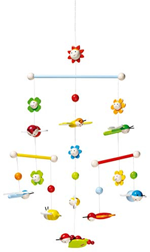 goki 52924 Mobile 3-D Frühlingswiese aus Holz, Blumen und Bienen, Tiere, zugucken und staunen, 24x45cm, mehrfarbig, Baby