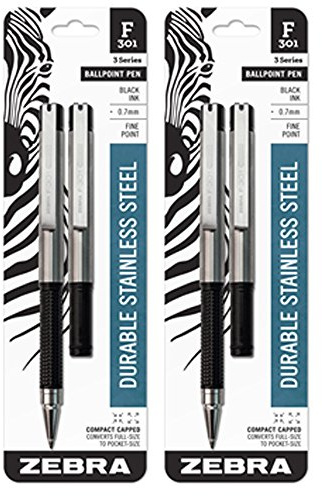 4 Zebra F-301 Compact Ballpoint Pens (2 Packs of 2), Black by Zebra