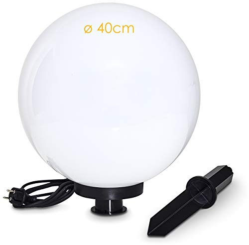 Kugelleuchte Miau, Kugellampe mit Erdspieß, Außenleuchte aus weißem Kunststoff Ø 40 cm, Außenleuchte mit E27-Fassung, Leuchtkugel mit 5 Meter Zuleitung, ohne Leuchtmittel