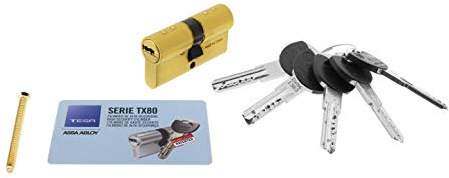 Tesa Assa Abloy, TX853050L, Cilindro de Alta Seguridad, TX80, Doble Embrague, Leva Larga, Llave - Llave, Latonado, 30 x 50 mm