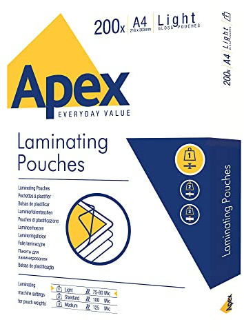 Fellowes Apex A4 Laminating Pouches, Glossy Finish, 200 Sheets - Light Duty Value Pack - Ideal for Notices, and Photos