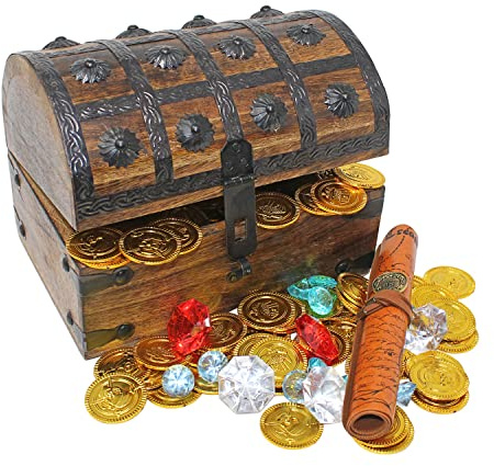 Nautical Cove Wooden Pirates Treasure Chest Box Pirate Treasure Map and Gold Coins/Gems