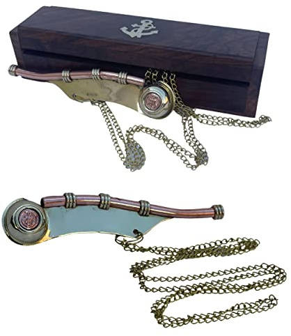 Bootsmannspfeife mit Messingkette, in edler Holzbox