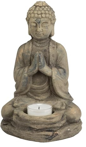 Biedermann & Sons Stone Buddha Tea Light Candle Holder – 6 W x 8 H Zen Meditation Statue, Light Gray with Gold Accents – Tealight Decor for Yoga Room, Altar, Spa, Feng Shui Home Gift