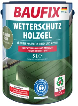 BAUFIX Wetterschutz-Holzgel tannengrün, seidenglänzend, 5 Liter, Holzlasur, tropfgehemmte Holzlasur, für alle Holzarten, witterungsbeständig