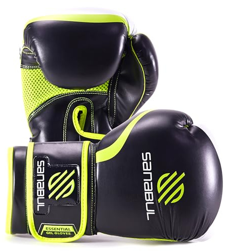 Sanabul Essential Gel Boxing Gloves for Men & Women, Kickboxing MMA, Muay Thai Gloves and Heavy Bag Training Punching & Sparring, Black/Green 10 oz