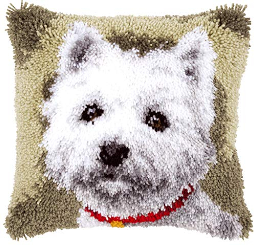 VERVACO Deko Kissenbezug Knüpfset für Anfänger Westie Basteln Erwachsene Kreativ DIY Handarbeit Selber Knüpfe 40 x 40 cm Latch Hook Kit Set Kissen Knüpfkissen mit Knüpfhaken, Baumwolle, Multicolor